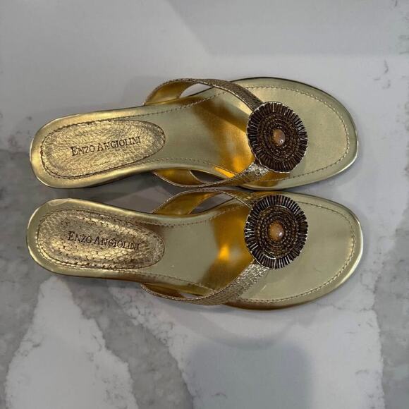 Enzo Angiolini Eanetta Sandals Women's 8 Stacked Wedge Heel Jeweled Beaded Gold - Picture 5 of 10